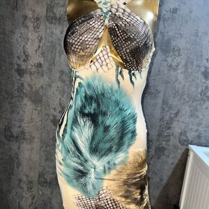 Fashion Nova Teal and Beige Snake Print Mini Dress